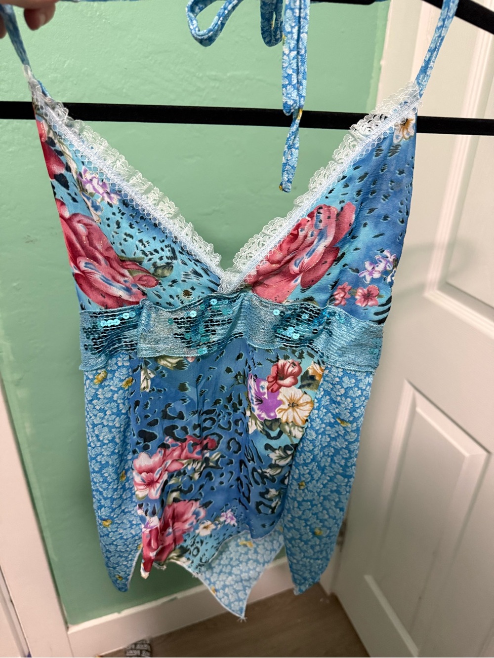 Vintage Blue Floral Sequin-Trim Cami